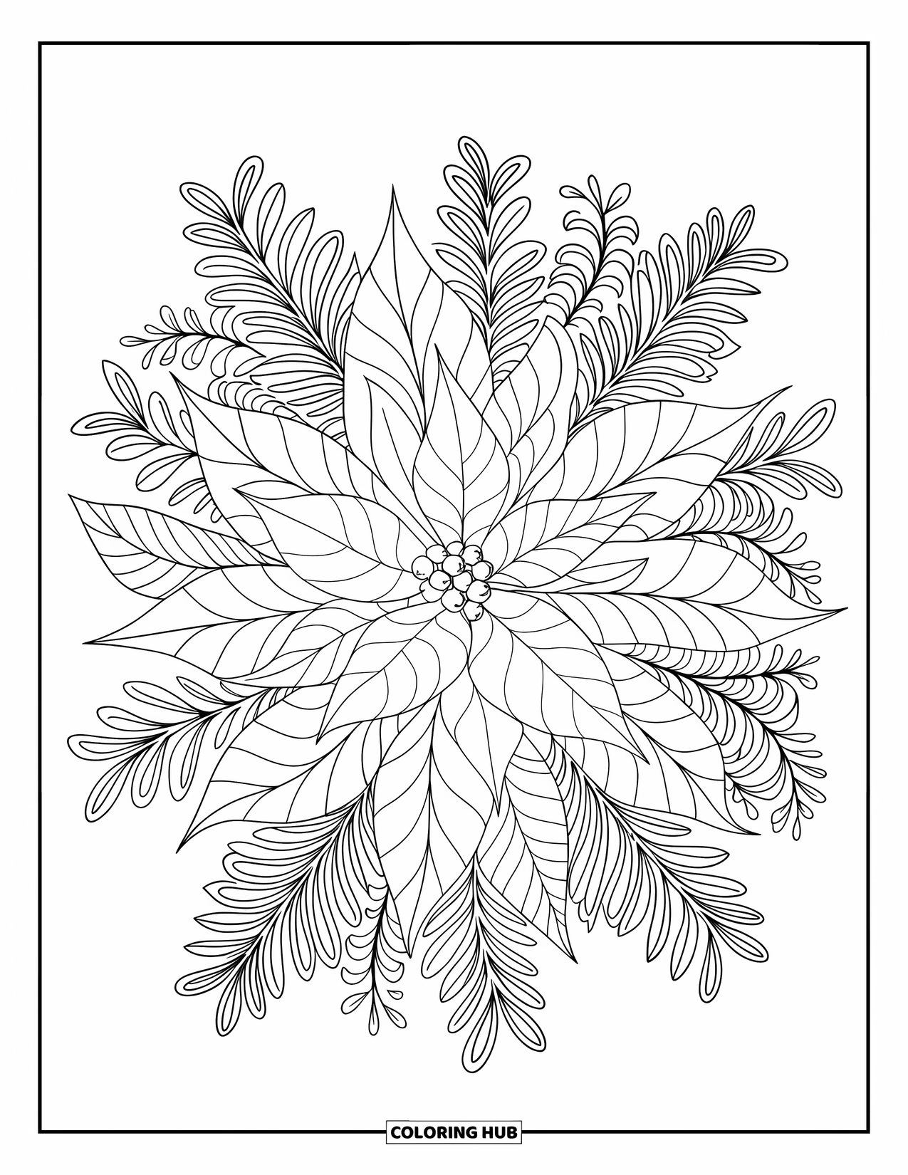 Christmas Mandala Coloring Page for Adults: A poinsettia and evergreen leaves radiate in a detailed Christmas mandala