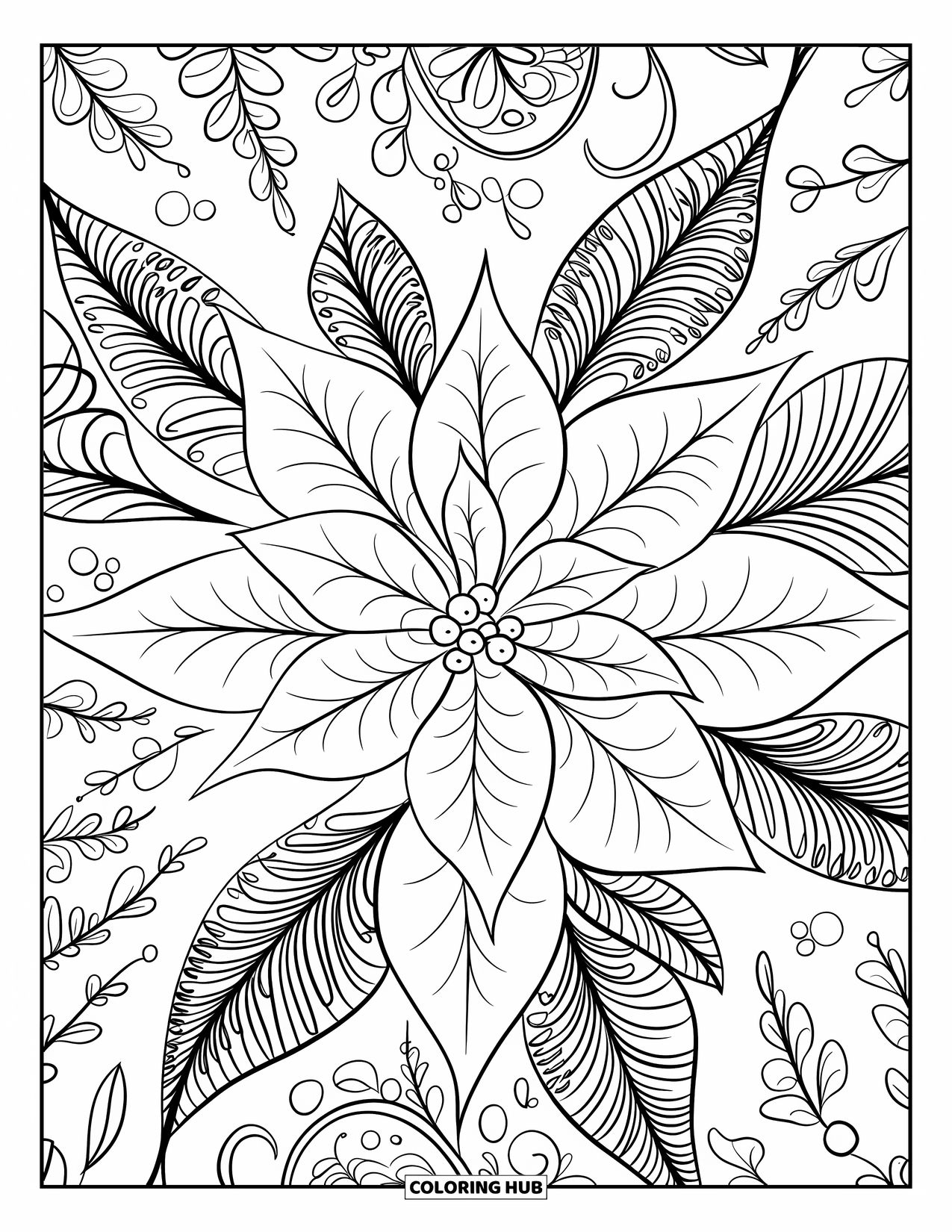 Christmas Mandala Coloring Page for Adults: A poinsettia surrounded by evergreen leaves in a botanical mandala