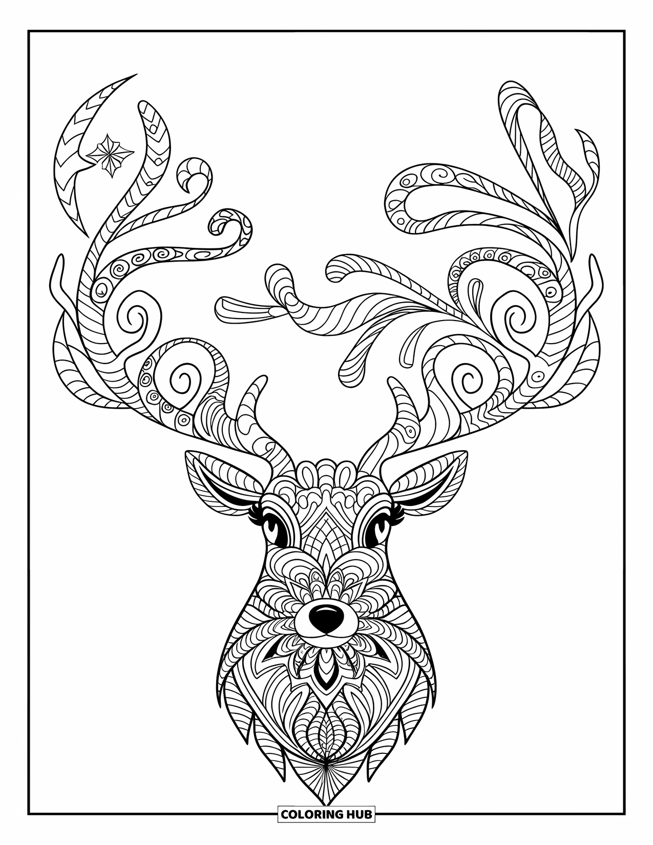 Christmas Mandala Coloring Page for Adults: A reindeer's curved antlers turn into a circular mandala pattern
