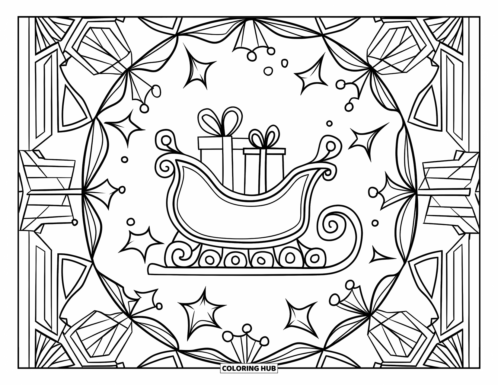Christmas Mandala Coloring Page for Adults: A sleigh and gifts surrounded by detailed snowflakes in a festive mandala