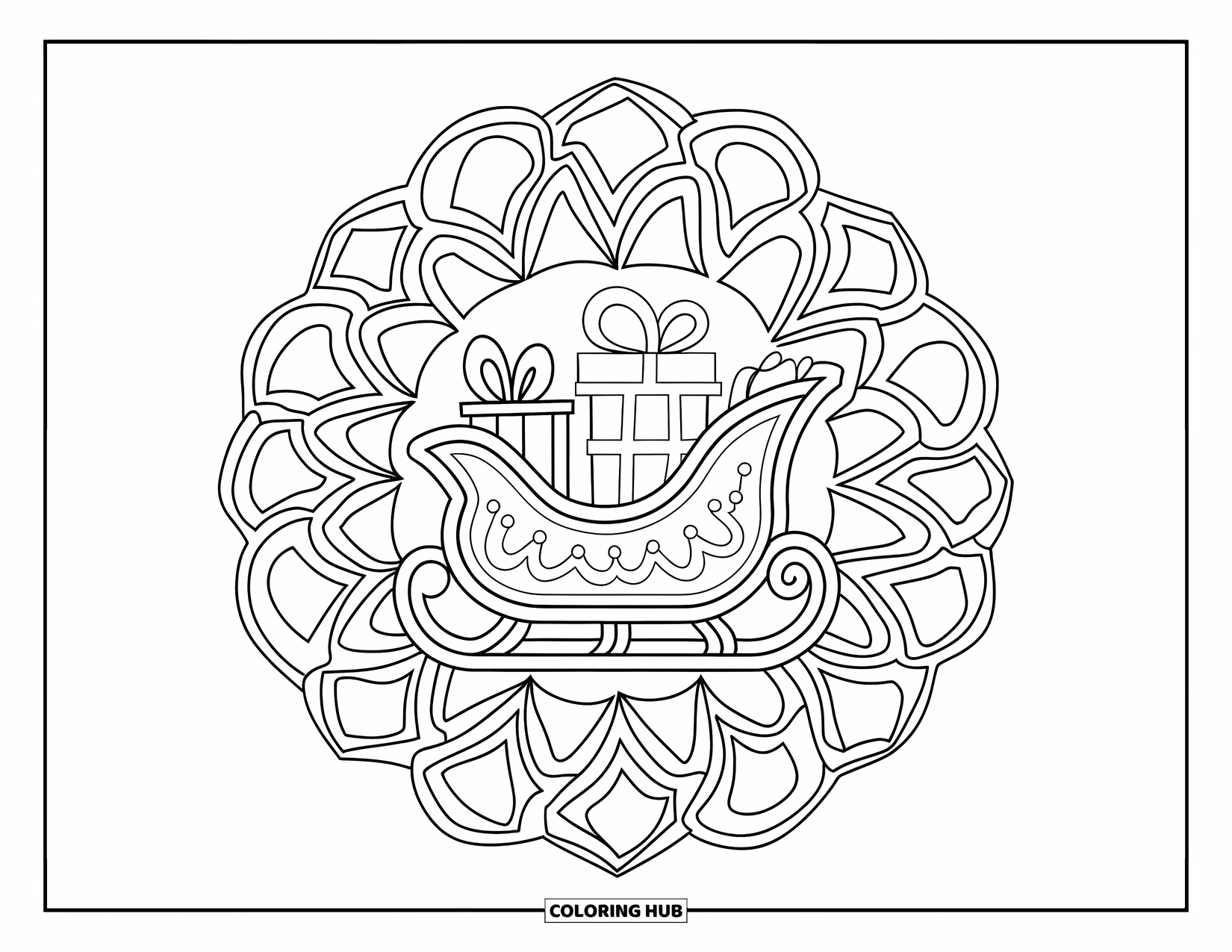 Christmas Mandala Coloring Page for Adults: A sleigh filled with gifts rests at the center of a snowflake mandala