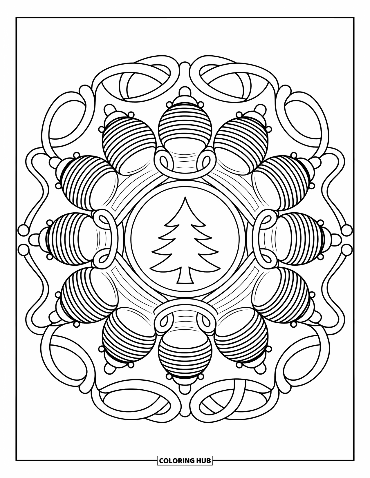 Christmas Mandala Coloring Page for Adults: A tree framed by ribbons and ornaments in a detailed mandala