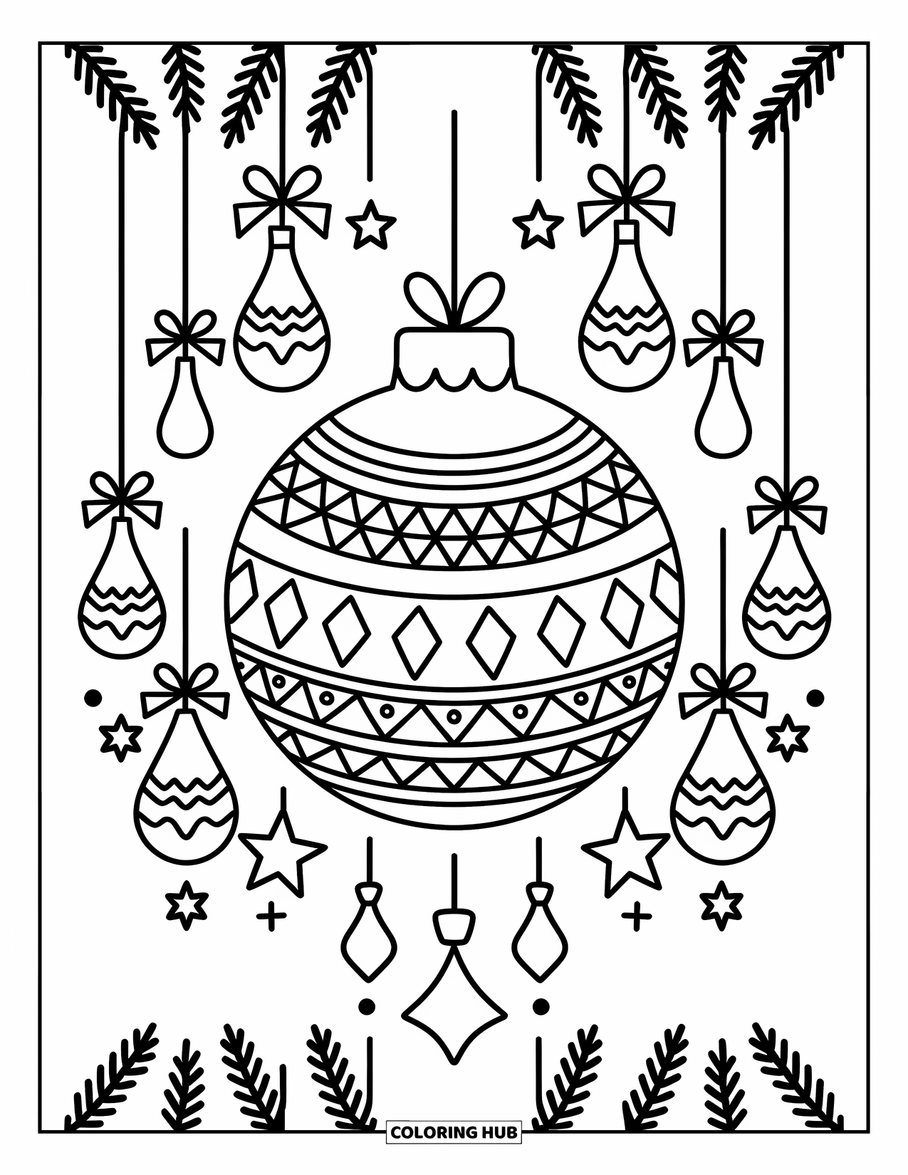 Christmas Mandala Coloring Page for Adults: An ornament encircled by ribbons, stars, and festive branches