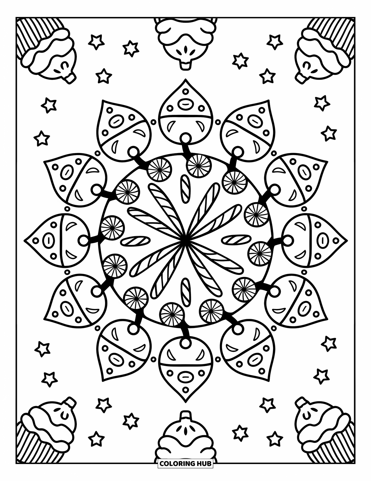 Christmas Mandala Coloring Page for Adults: Candy canes, sweets, and cupcakes create a cute Christmas mandala