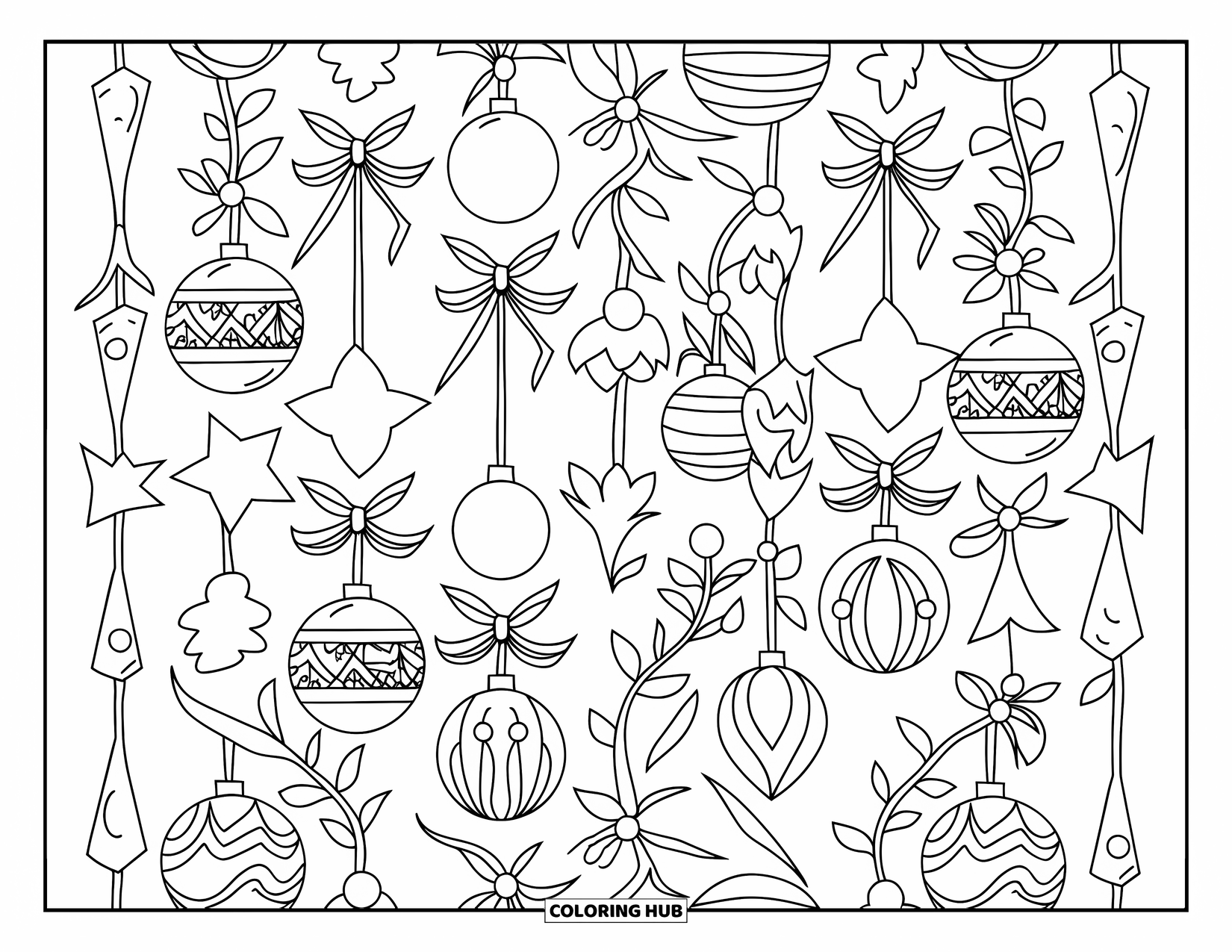 Christmas Mandala Coloring Page for Adults: Hanging ornaments and bows form a graceful mandala of festive branches