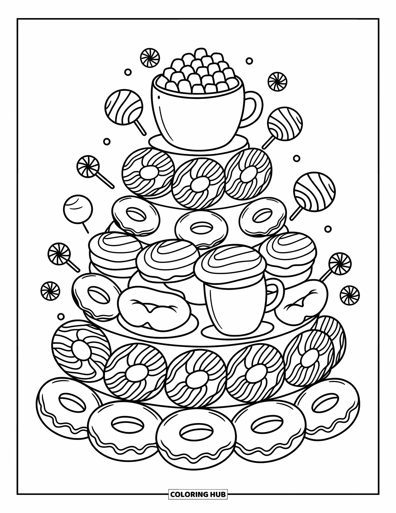 Christmas Mandala Coloring Page for Adults: Layers of cocoa mugs, donuts, and lollipops form a joyful mandala