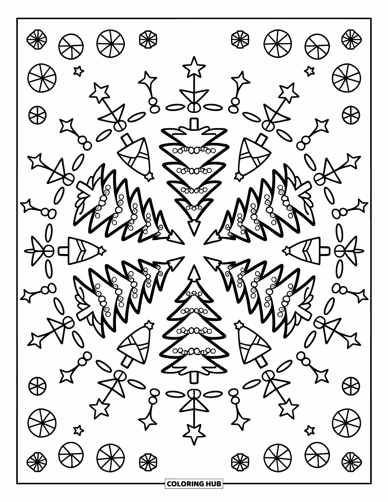 Christmas Mandala Coloring Page for Adults: Mini trees, ornaments, and gifts arranged in a festive mandala