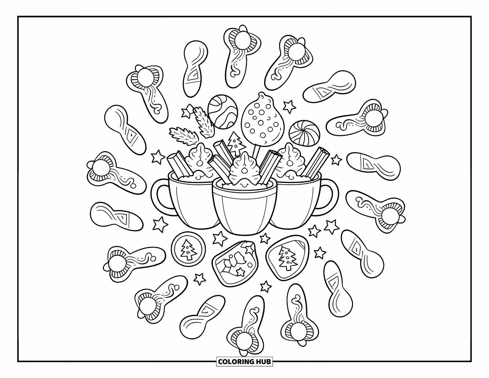 Christmas Mandala Coloring Page for Adults: Mugs, cookies, and candies swirl together in a cheerful holiday mandala
