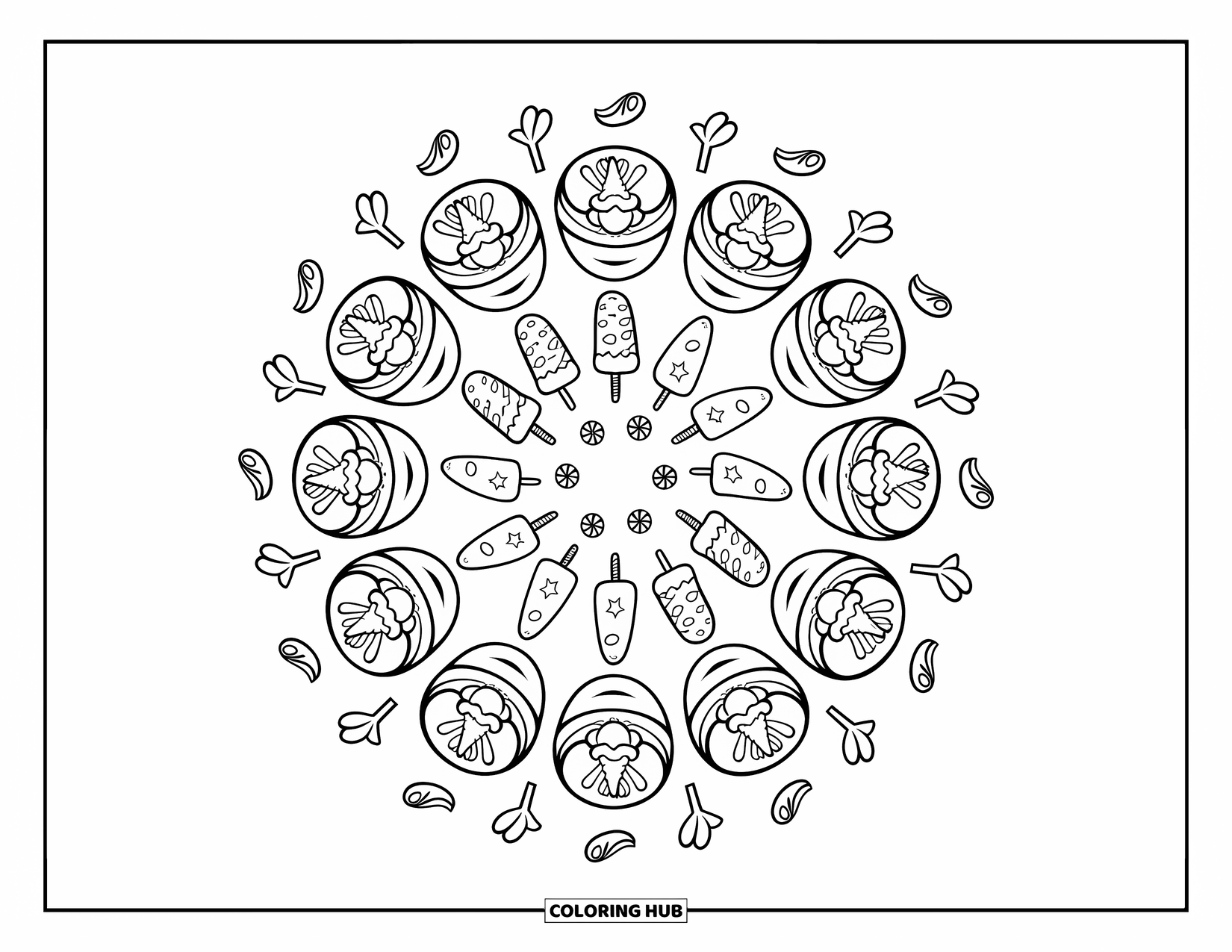 Christmas Mandala Coloring Page for Adults: Mugs of cocoa, cookies, and candies form a cozy, festive mandala design
