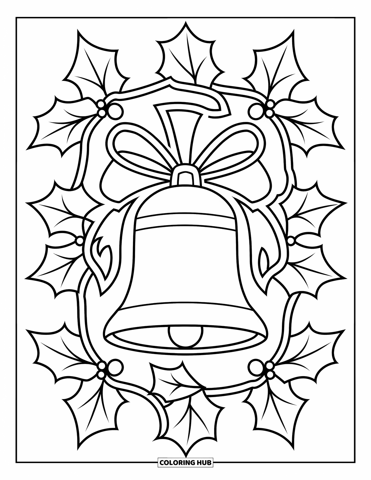 Christmas Mandala Coloring Page for Kids: A bell and holly leaves connected by curved lines in a festive design
