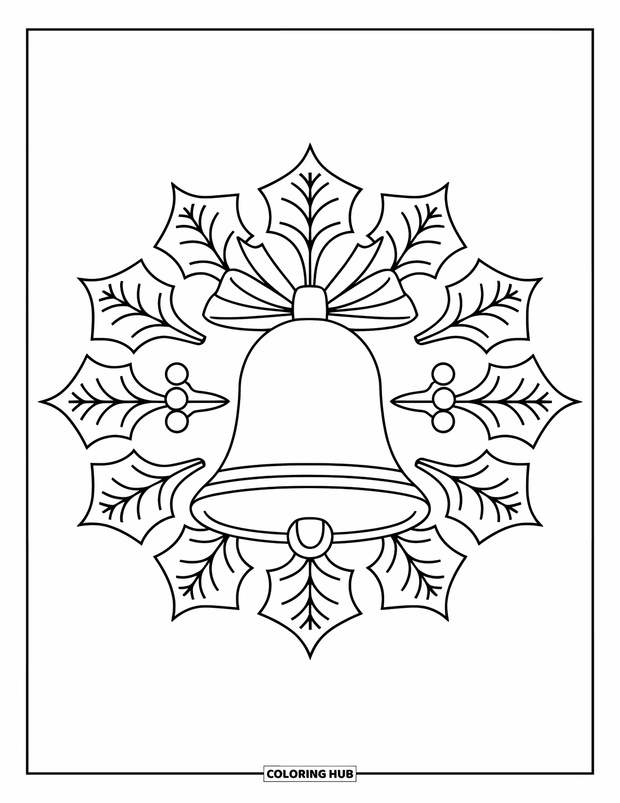 Christmas Mandala Coloring Page for Kids: A bell surrounded by holly leaves and berries in a simple mandala