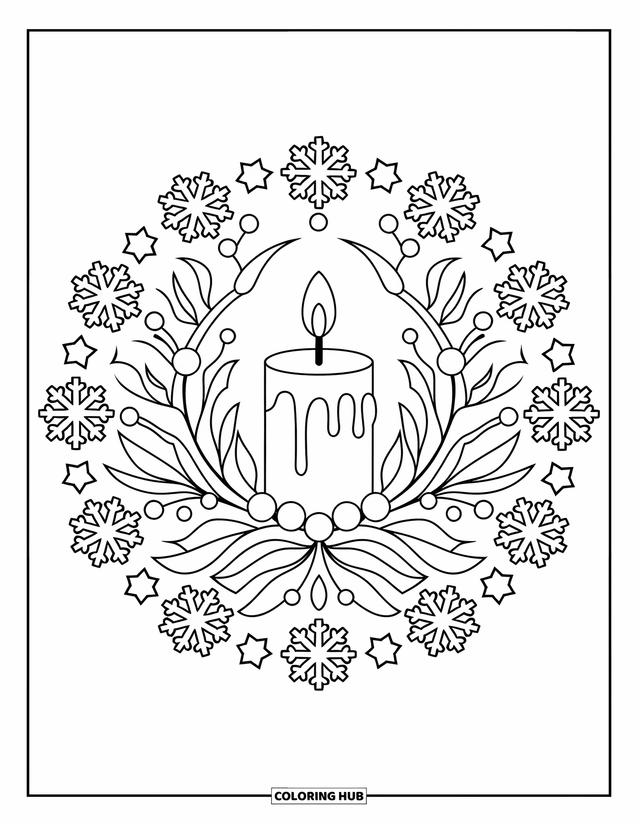 Christmas Mandala Coloring Page for Kids: A candle surrounded by stars, snowflakes, and leafy branches in a ring