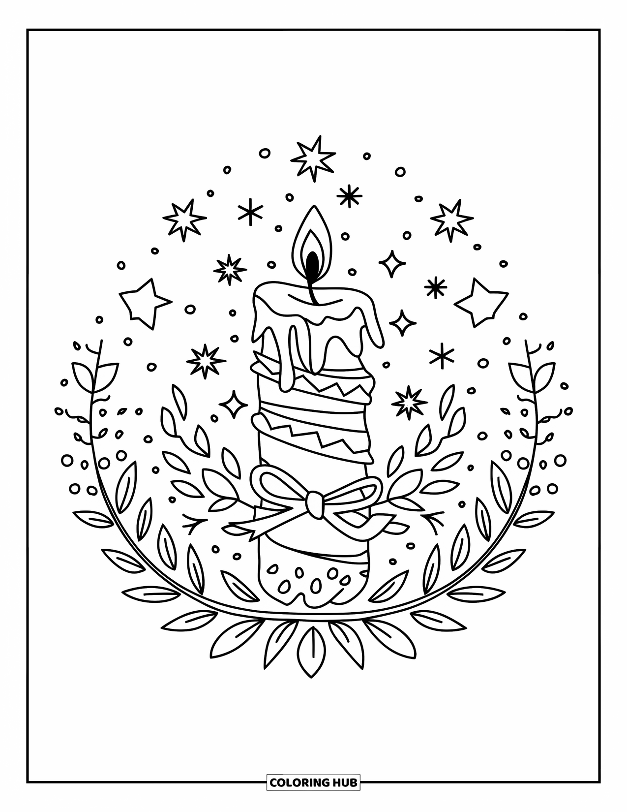 Christmas Mandala Coloring Page for Kids: A candle tied with a bow surrounded by stars and snowflakes