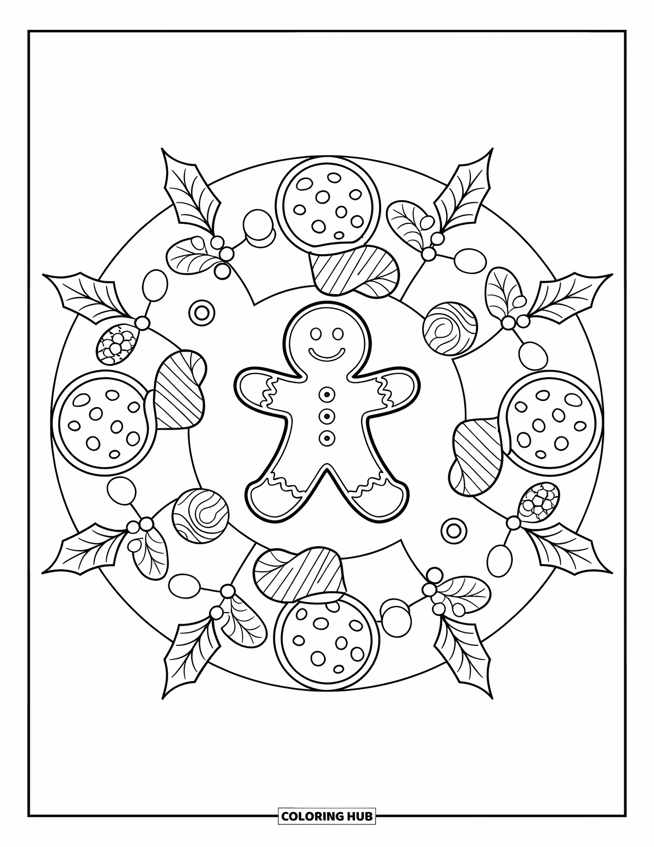 Christmas Mandala Coloring Page for Kids: A cheerful gingerbread man surrounded by candy canes and holly