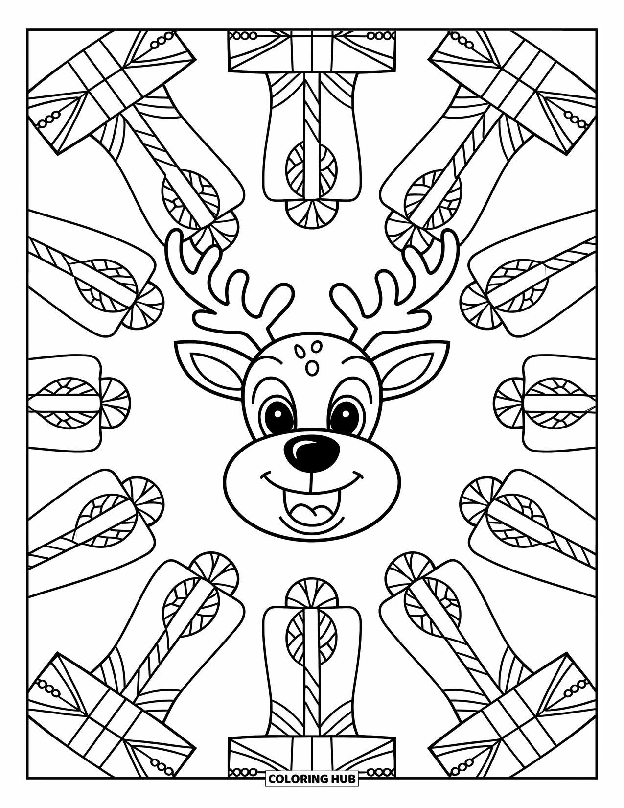 Christmas Mandala Coloring Page for Kids: A cheerful reindeer face surrounded by candy canes and presents
