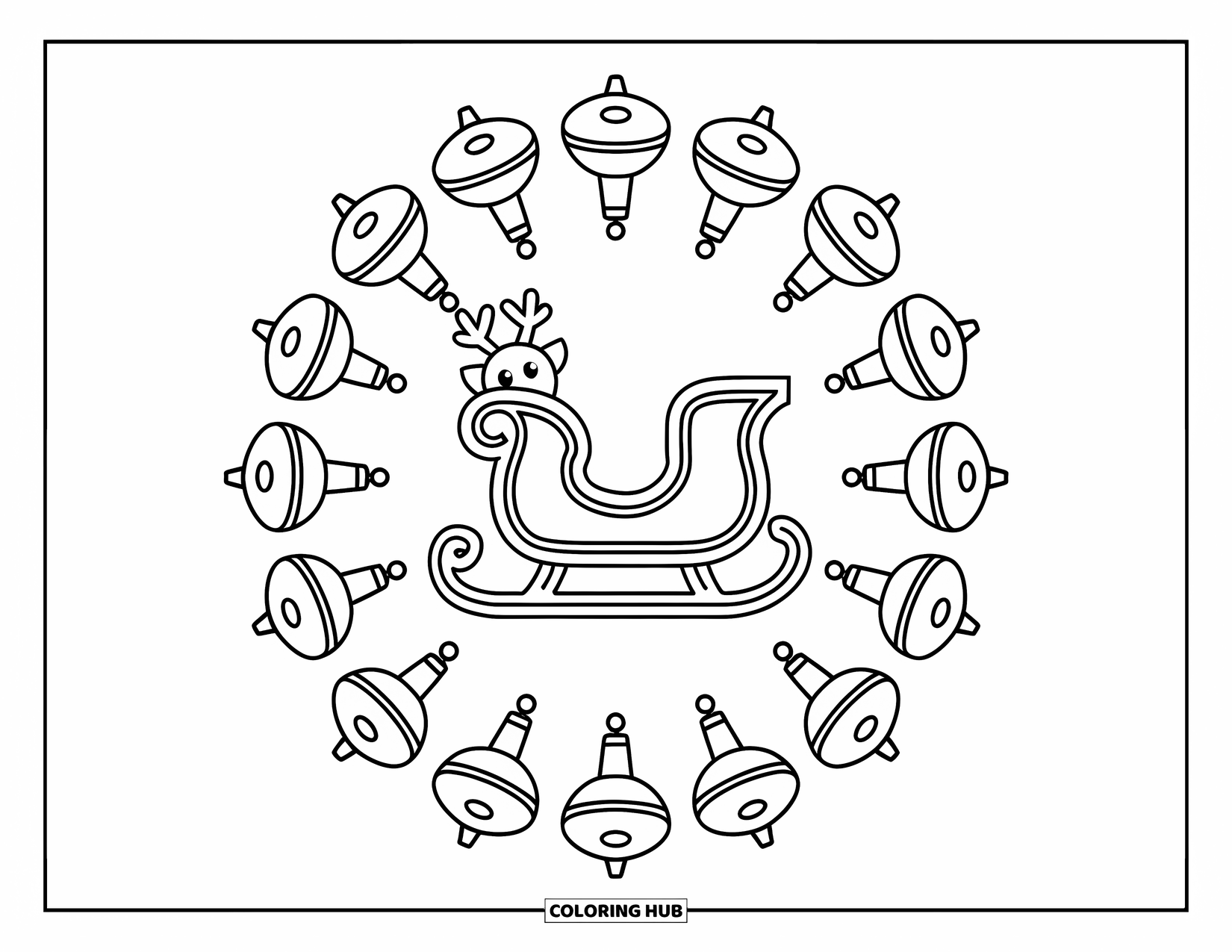 Christmas Mandala Coloring Page for Kids: A cheerful sleigh and bells forming a circular holiday mandala