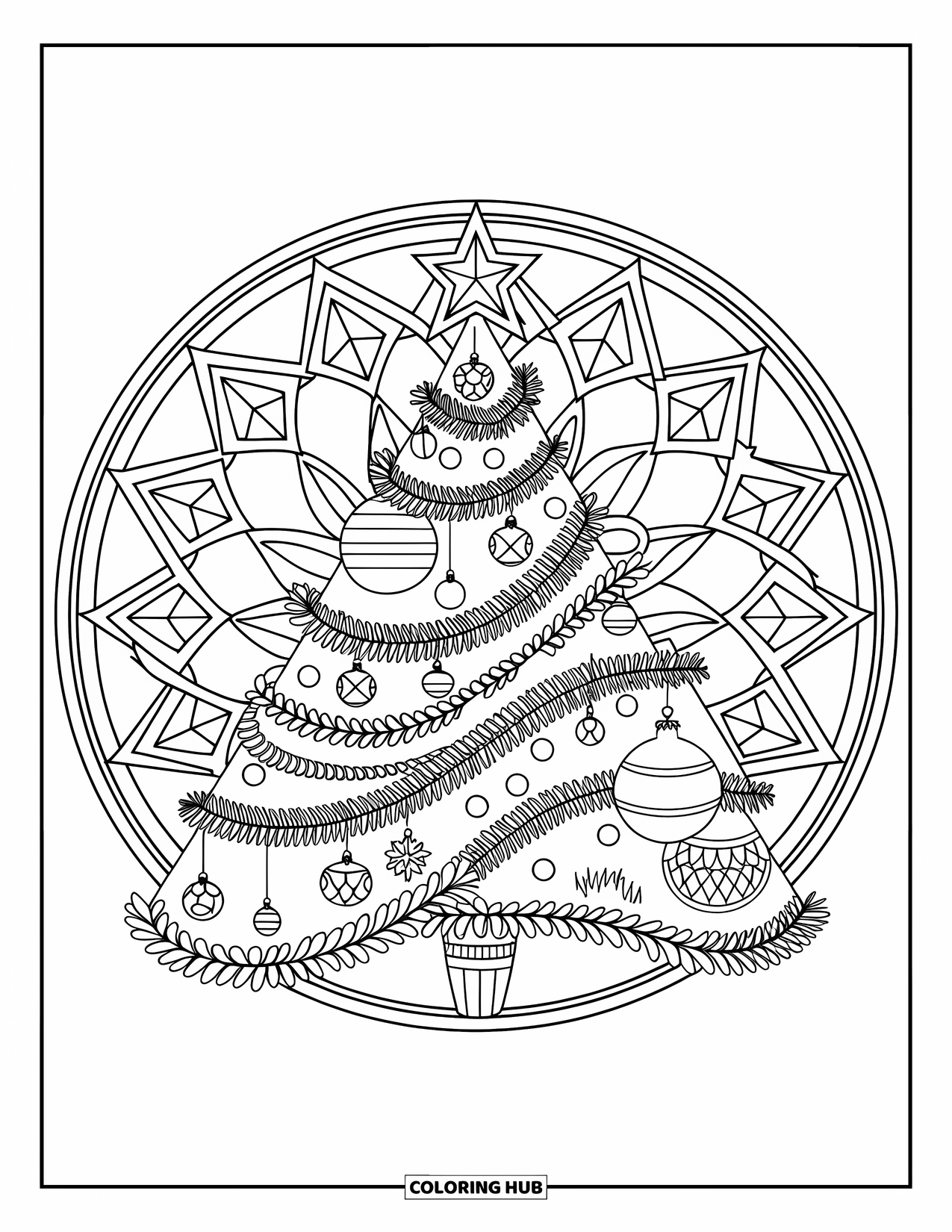 Christmas Mandala Coloring Page for Kids: A Christmas tree filled with tinsel, ornaments, and mandala triangles