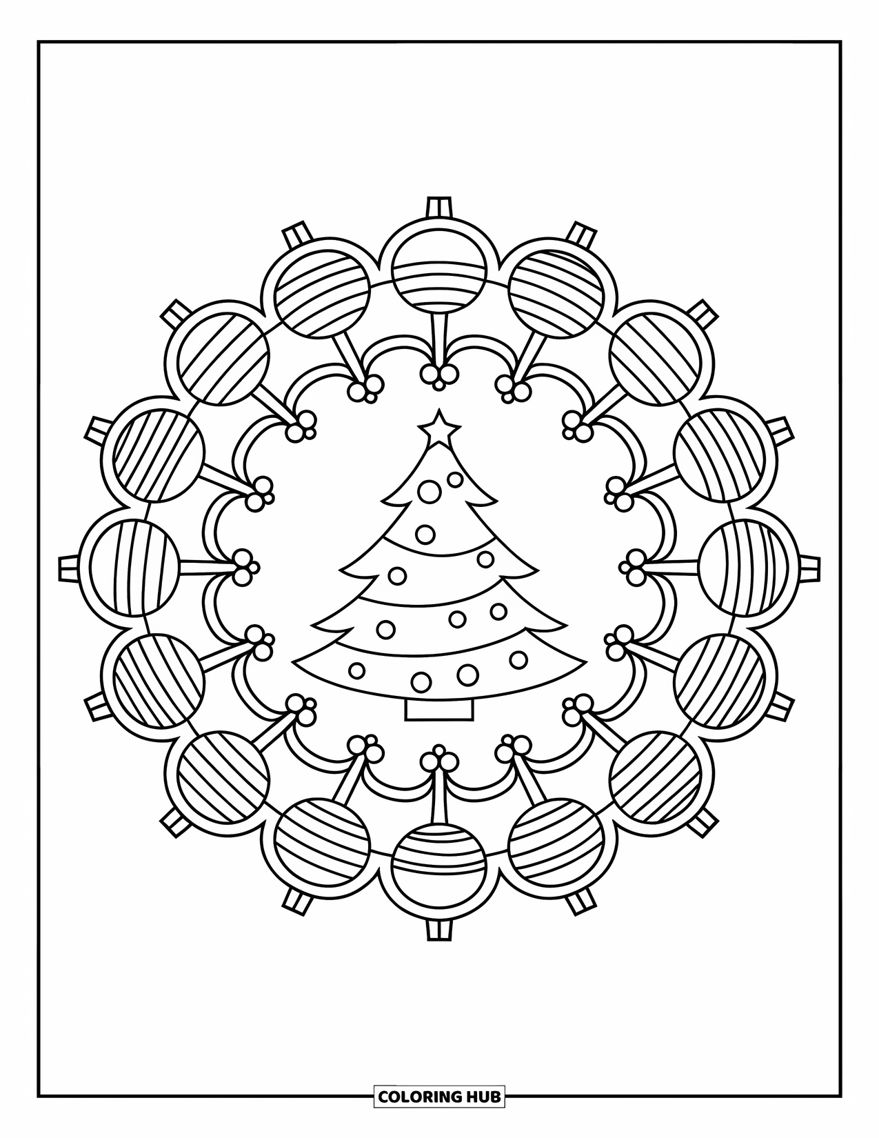 Christmas Mandala Coloring Page for Kids: A Christmas tree surrounded by repeating patterns of ornaments