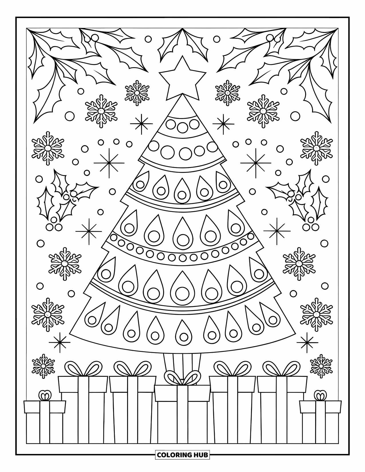 Christmas Mandala Coloring Page for Kids: A Christmas tree with presents and snowflakes arranged in a mandala circle