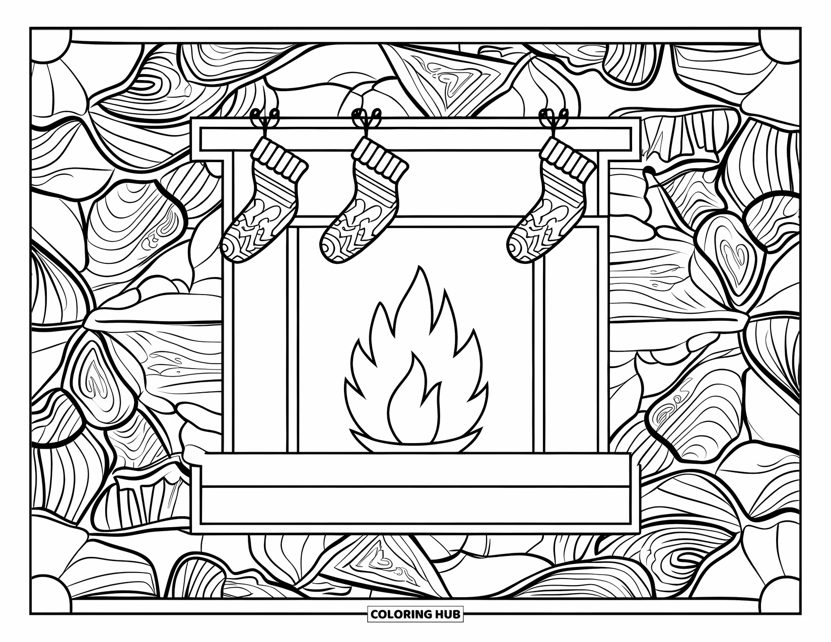 Christmas Mandala Coloring Page for Kids: A cozy fireplace sits at the center of a mandala made of firewood and stockings