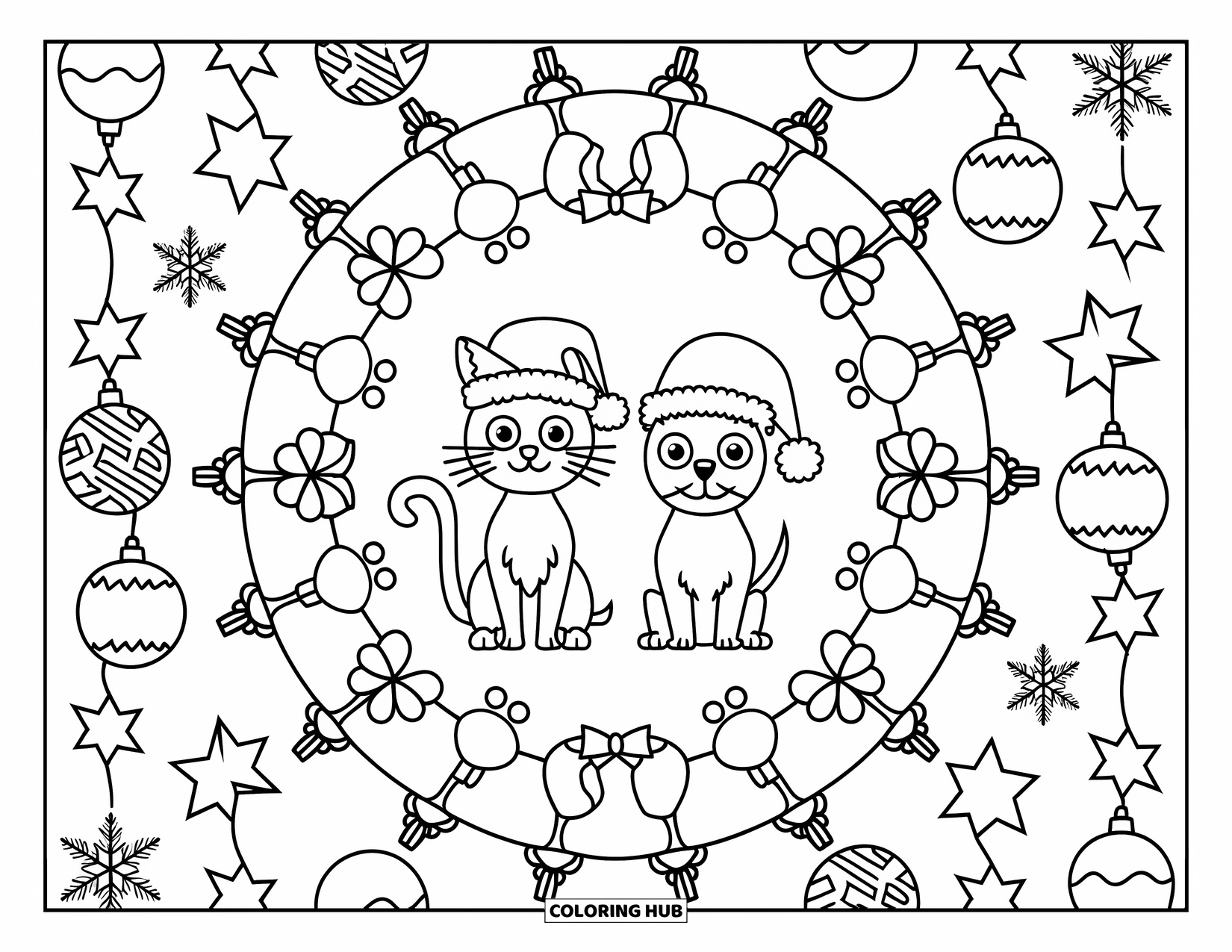 Christmas Mandala Coloring Page for Kids: A cute cat and dog in Santa hats surrounded by bows, trees, and stars
