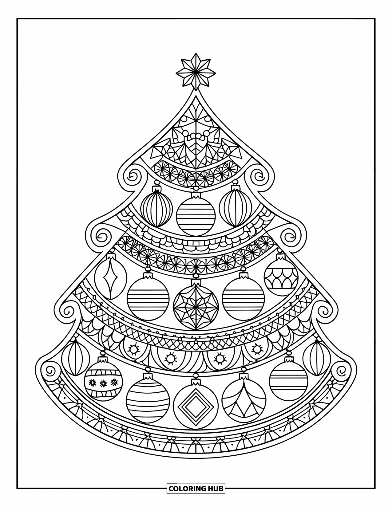 Christmas Mandala Coloring Page for Kids: A detailed Christmas tree with ornaments arranged in a circular design
