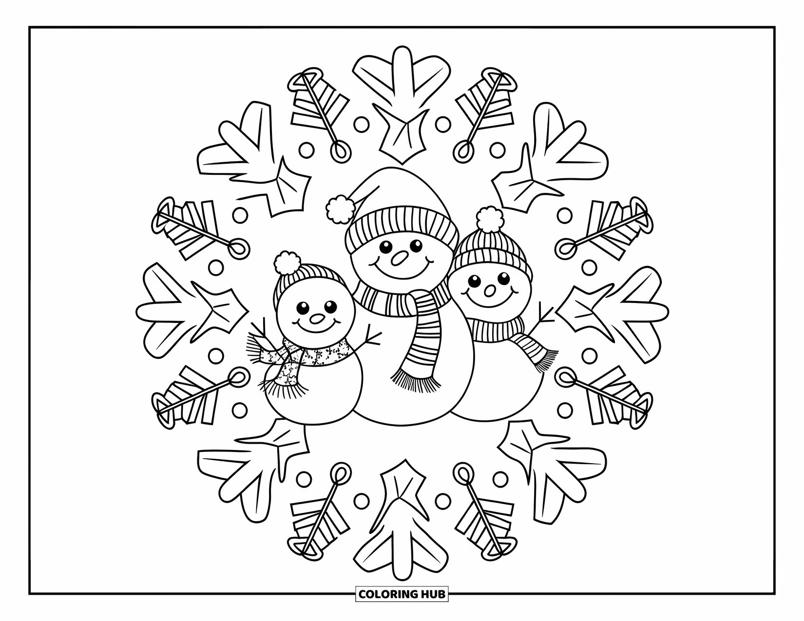 Christmas Mandala Coloring Page for Kids: A family of snowmen surrounded by circular trees and snowballs