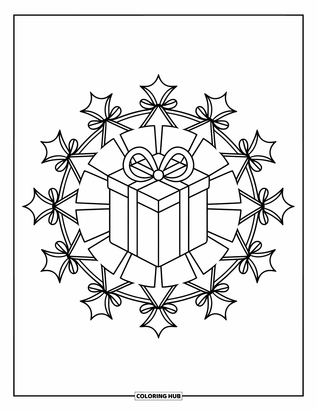 Christmas Mandala Coloring Page for Kids: A gift box framed by stars and ribbons in a simple circular design