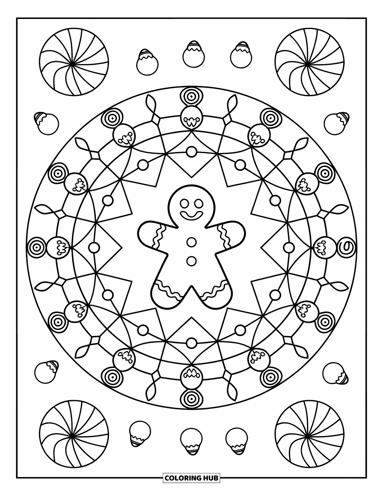 Christmas Mandala Coloring Page for Kids: A gingerbread man framed by cookies, gumdrops, and festive shapes