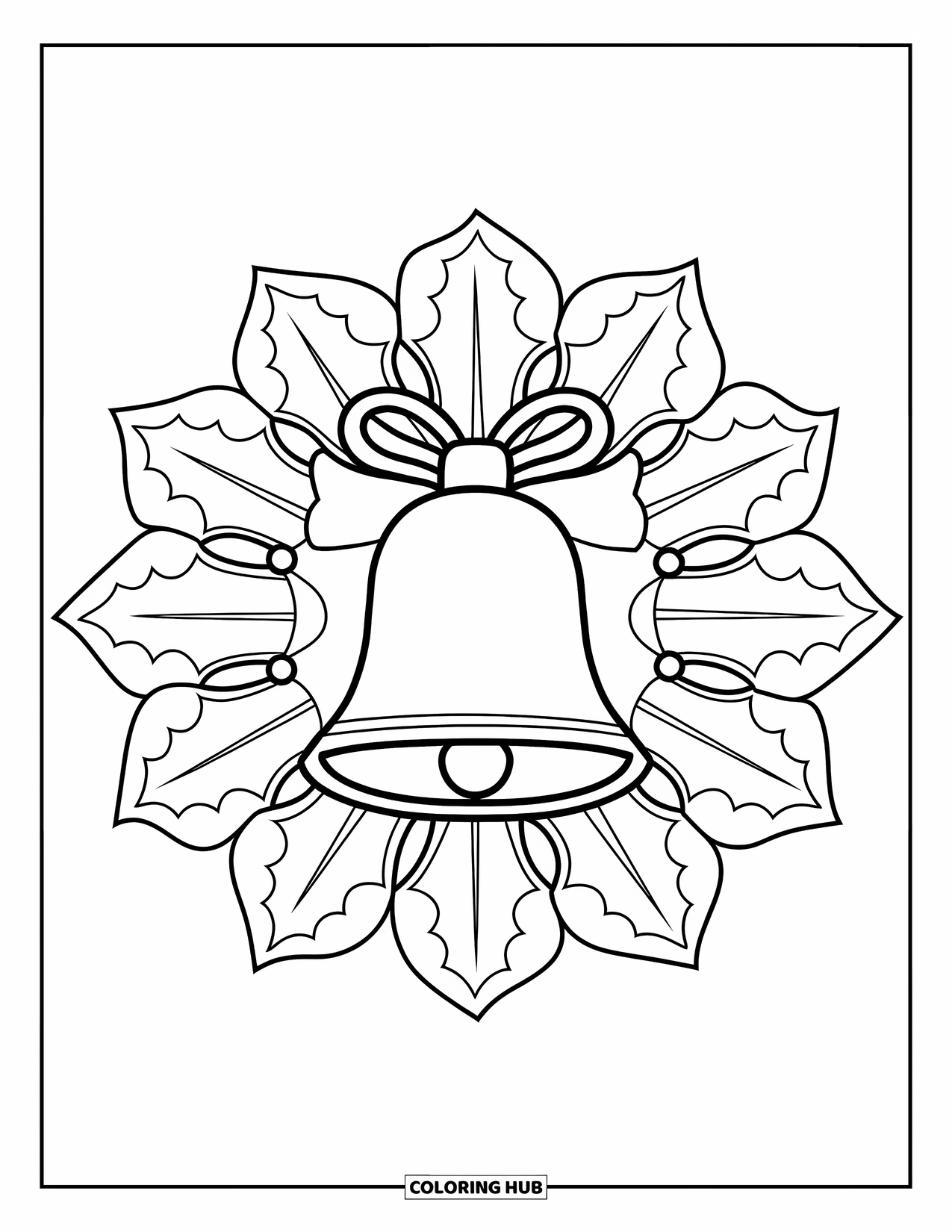 Christmas Mandala Coloring Page for Kids: A large bell surrounded by holly leaves forming a circular pattern