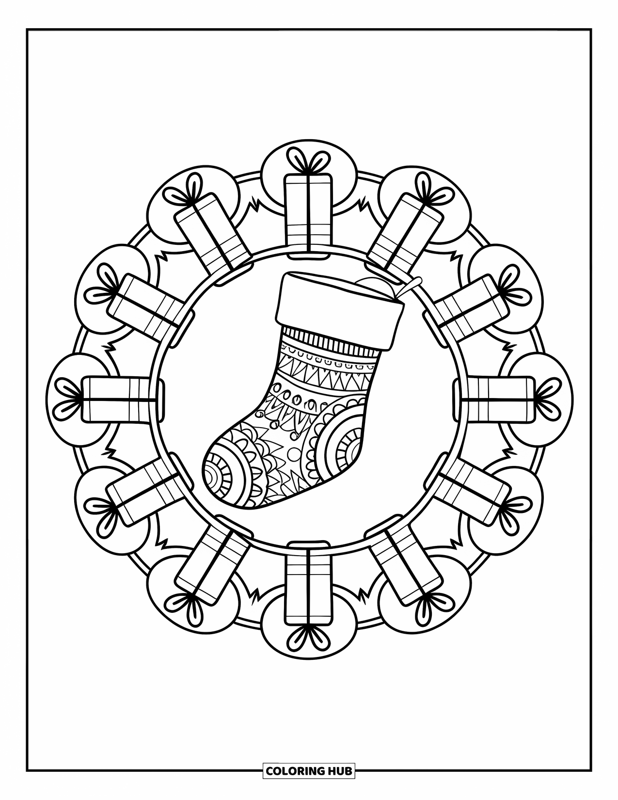 Christmas Mandala Coloring Page for Kids: A large stocking at the center surrounded by circles of gifts