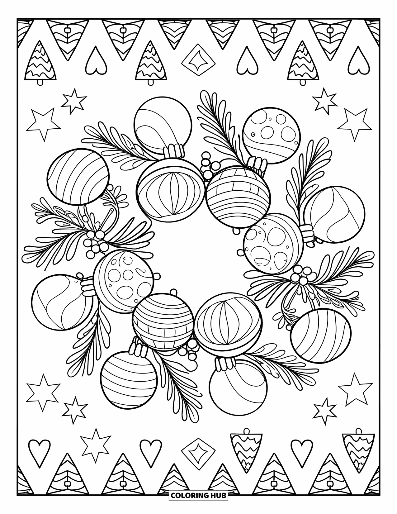 Christmas Mandala Coloring Page for Kids: A layered wreath of ornaments and berries surrounded by stars and trees