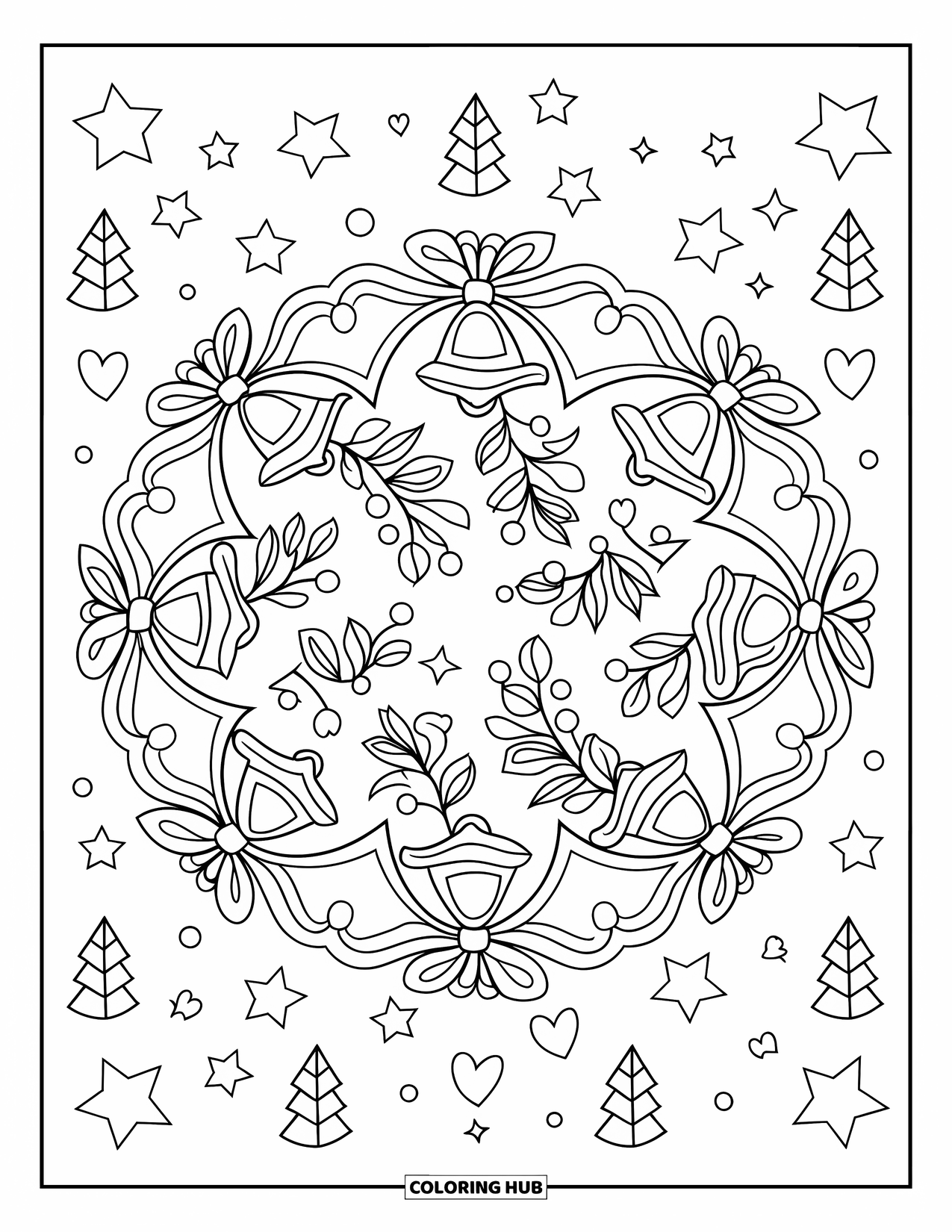 Christmas Mandala Coloring Page for Kids: A mandala of holly, ribbons, and stars surrounding a Christmas wreath
