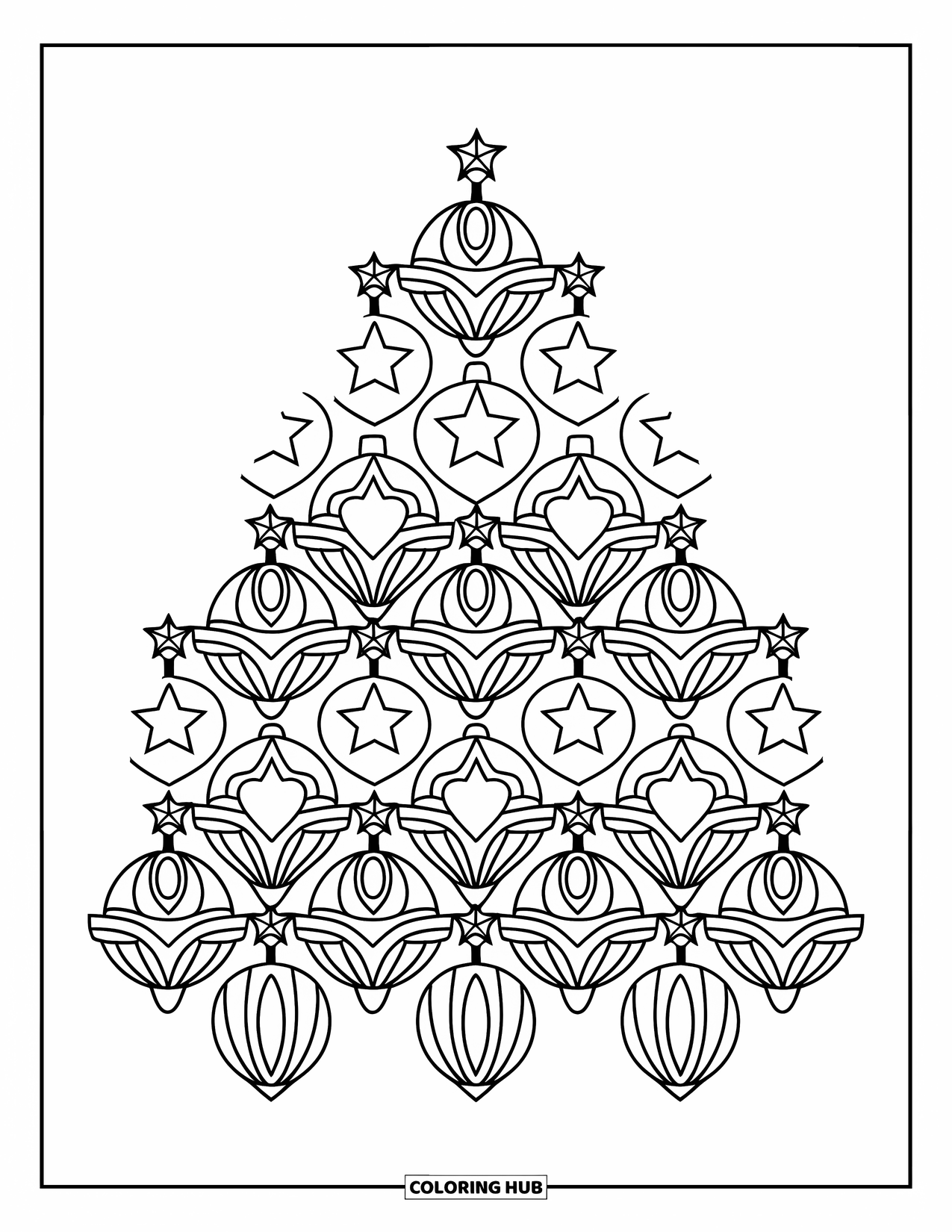 Christmas Mandala Coloring Page for Kids: A mandala tree filled with stars, hearts, and circular ornaments
