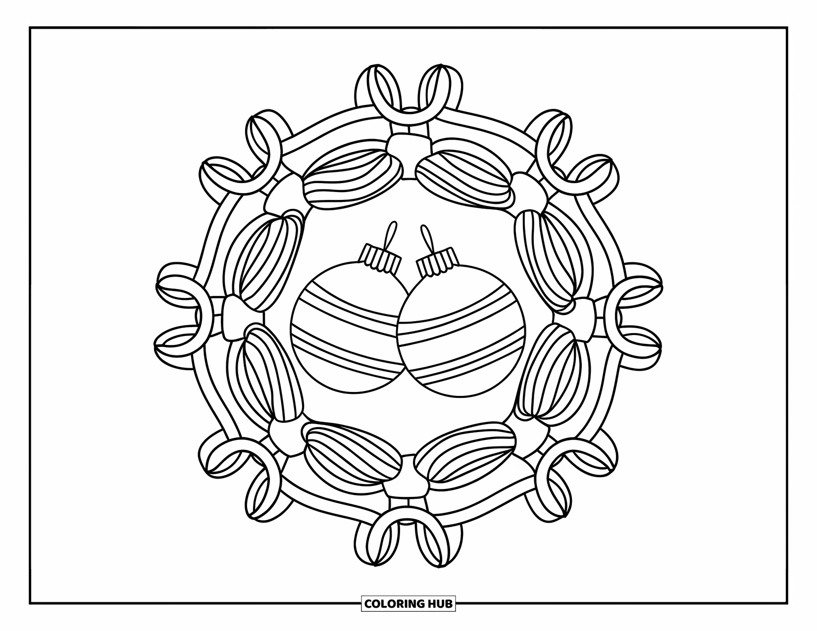 Christmas Mandala Coloring Page for Kids: A pair of ornaments framed by garlands and ribbons in circular harmony