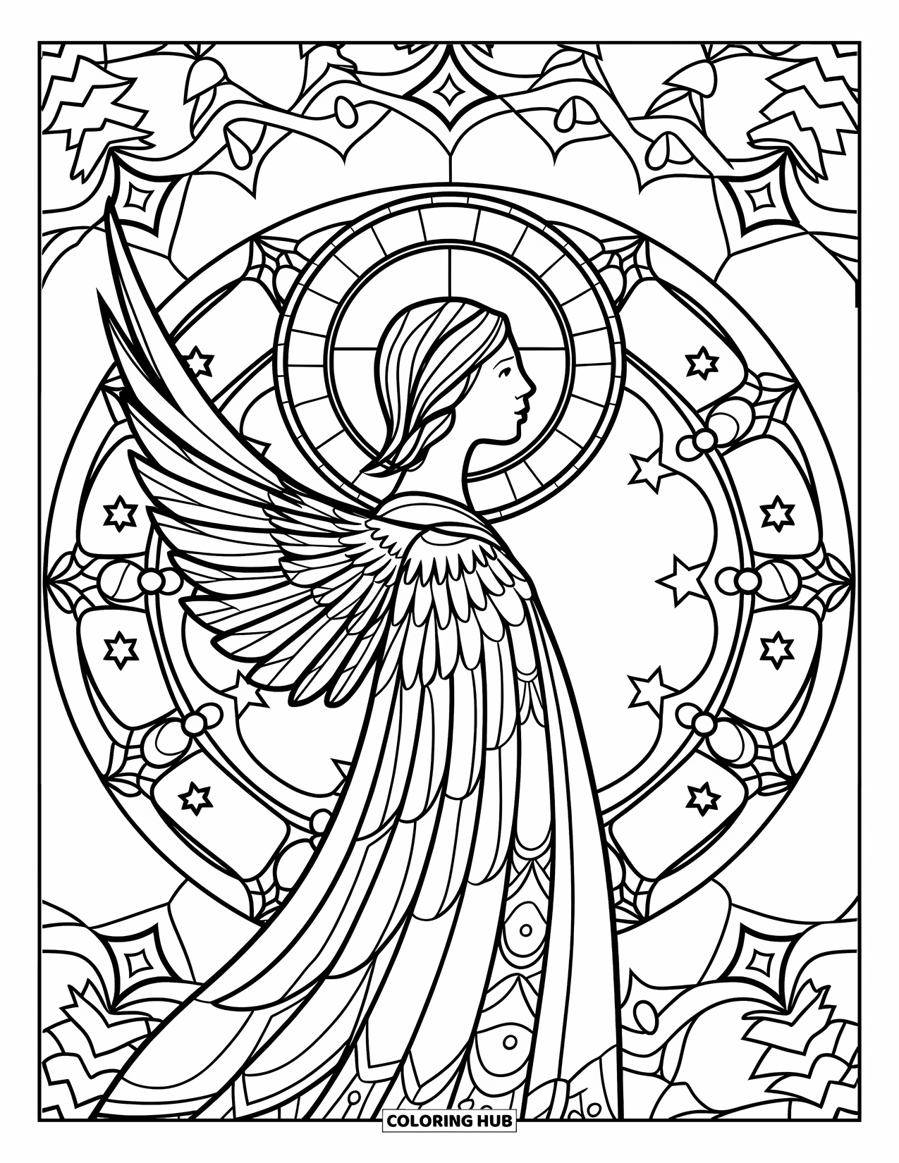Christmas Mandala Coloring Page for Kids: A radiant angel surrounded by stars, trees, and heart-shaped mandala designs