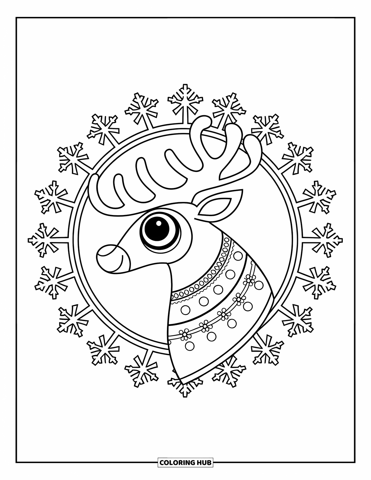 Christmas Mandala Coloring Page for Kids: A reindeer face surrounded by curved antlers and falling snowflakes