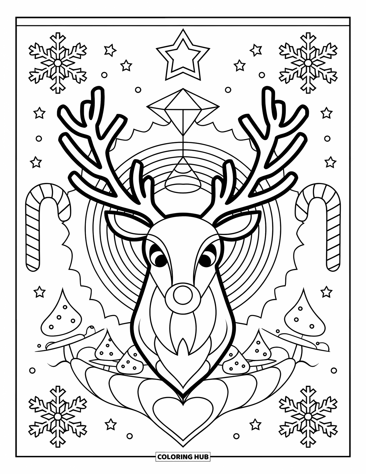 Christmas Mandala Coloring Page for Kids: A reindeer framed by snowflakes, candy canes, and a starry background