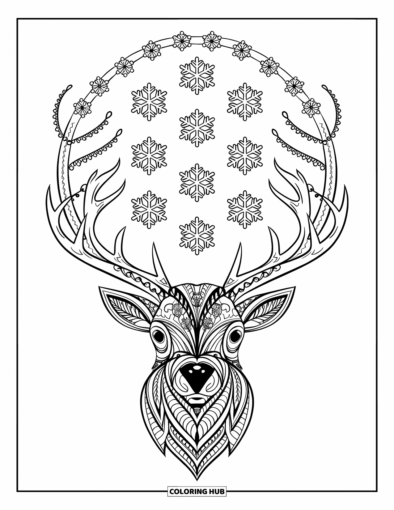 Christmas Mandala Coloring Page for Kids: A reindeer head with antlers spreading into snowflake and garland patterns