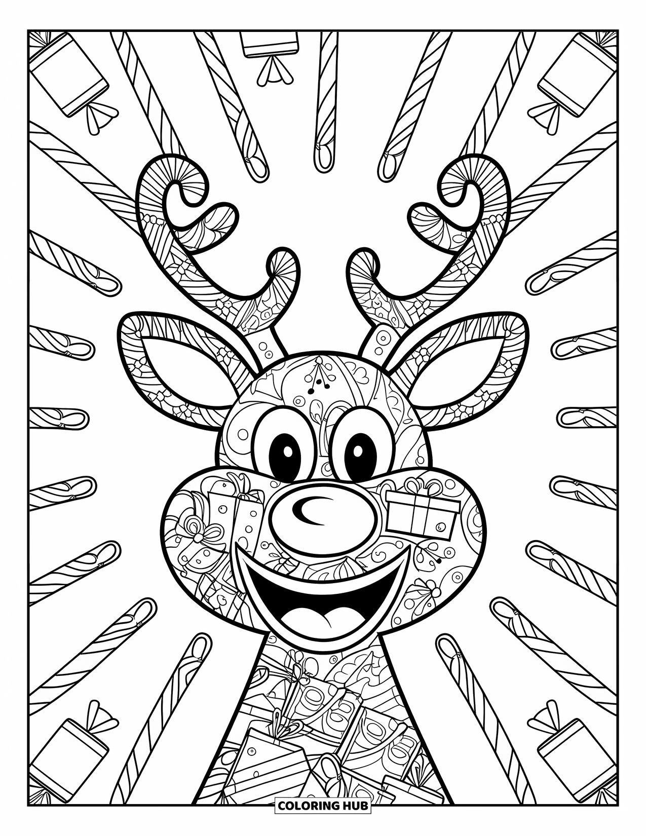 Christmas Mandala Coloring Page for Kids: A reindeer made of candy canes and presents in a fun mandala