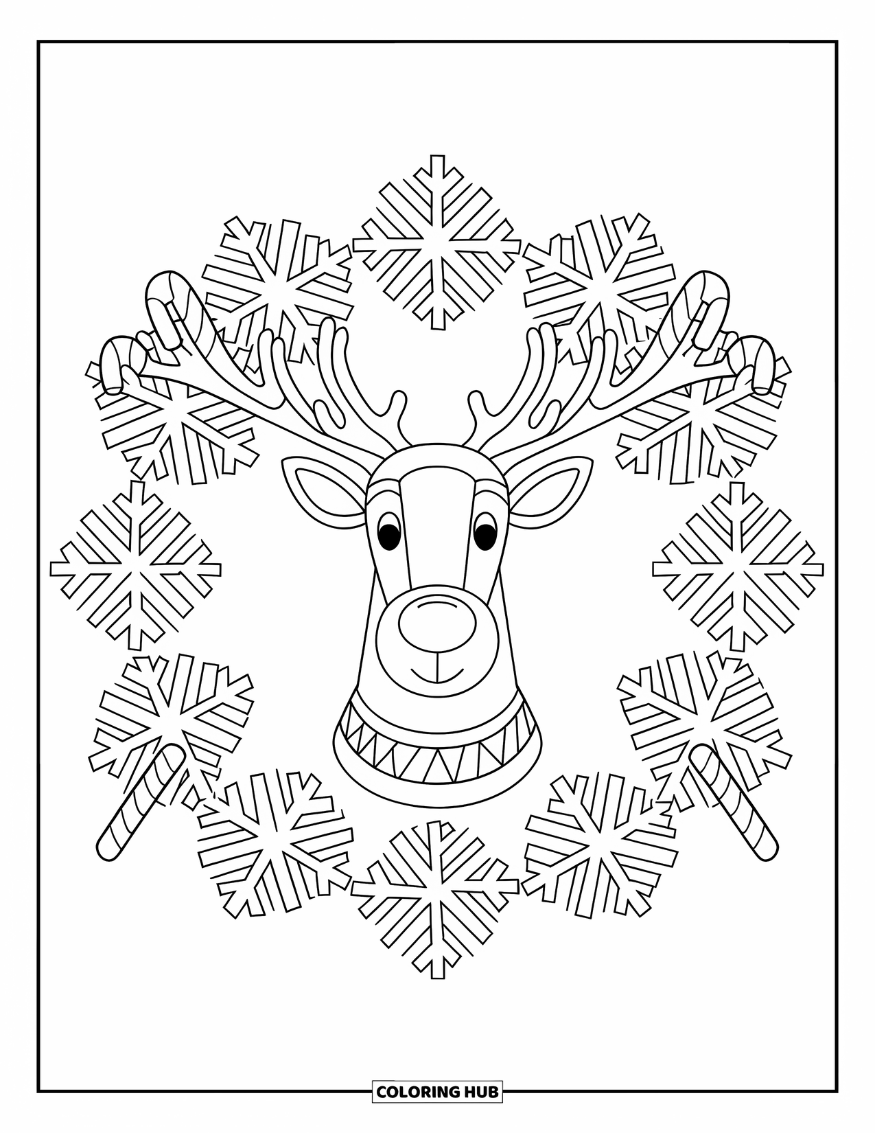 Christmas Mandala Coloring Page for Kids: A reindeer surrounded by candy canes and snowflakes forming a mandala