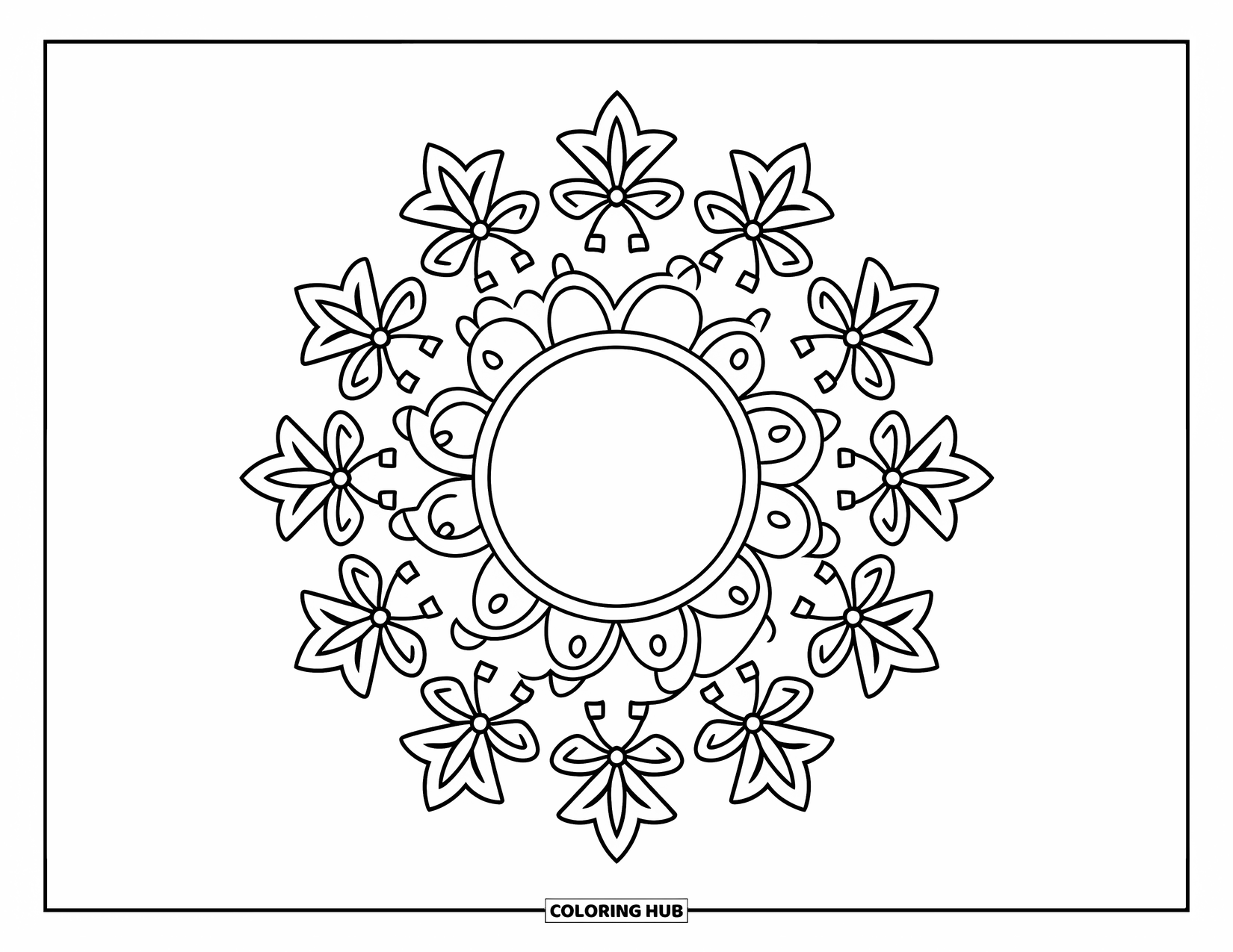 Christmas Mandala Coloring Page for Kids: A round wreath framed by stars and bows in clean outlines