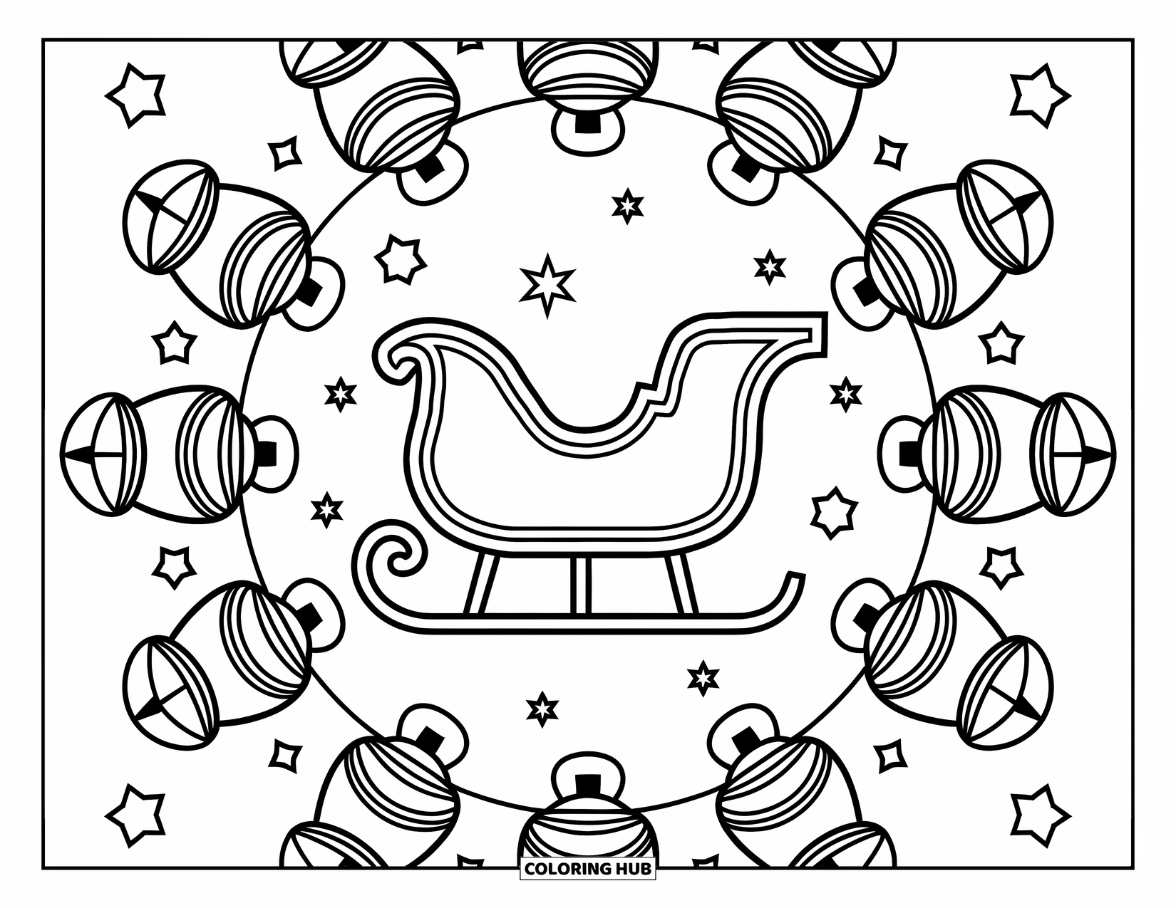 Christmas Mandala Coloring Page for Kids: A sleigh encircled by jingle bells and shining stars on a white background