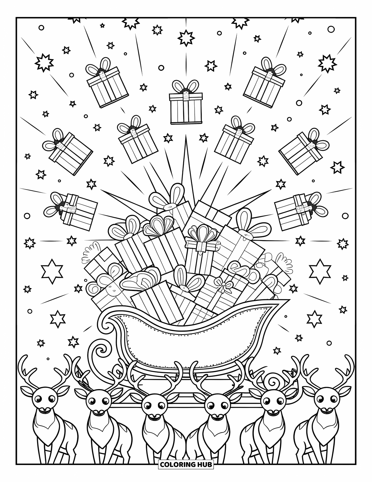 Christmas Mandala Coloring Page for Kids: A sleigh full of gifts radiates outward in a starry mandala pattern