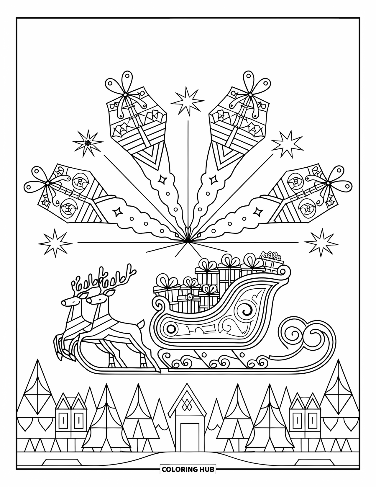 Christmas Mandala Coloring Page for Kids: A sleigh with stars, gifts, and trees creating a holiday mandala