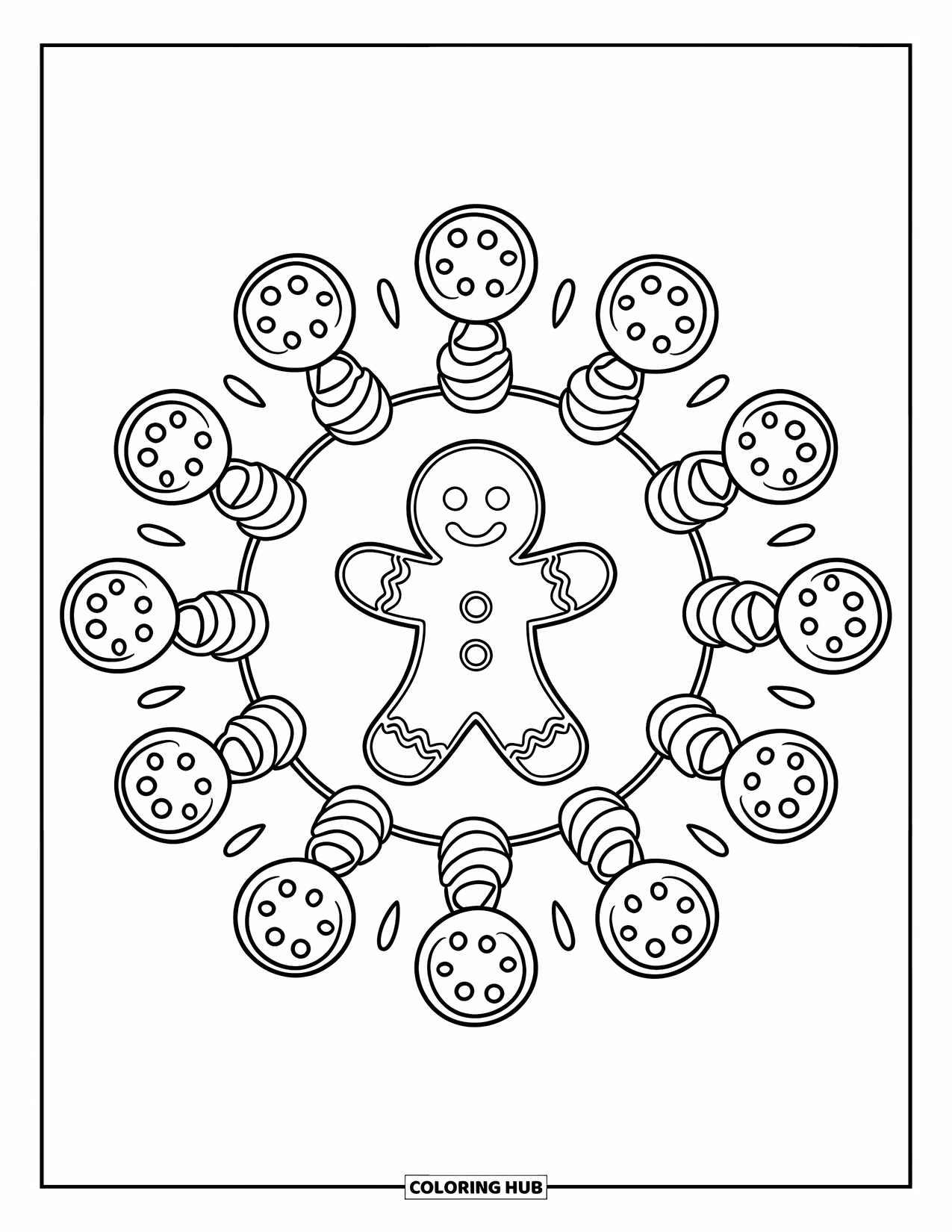 Christmas Mandala Coloring Page for Kids: A smiling gingerbread man surrounded by cookies and gumdrops