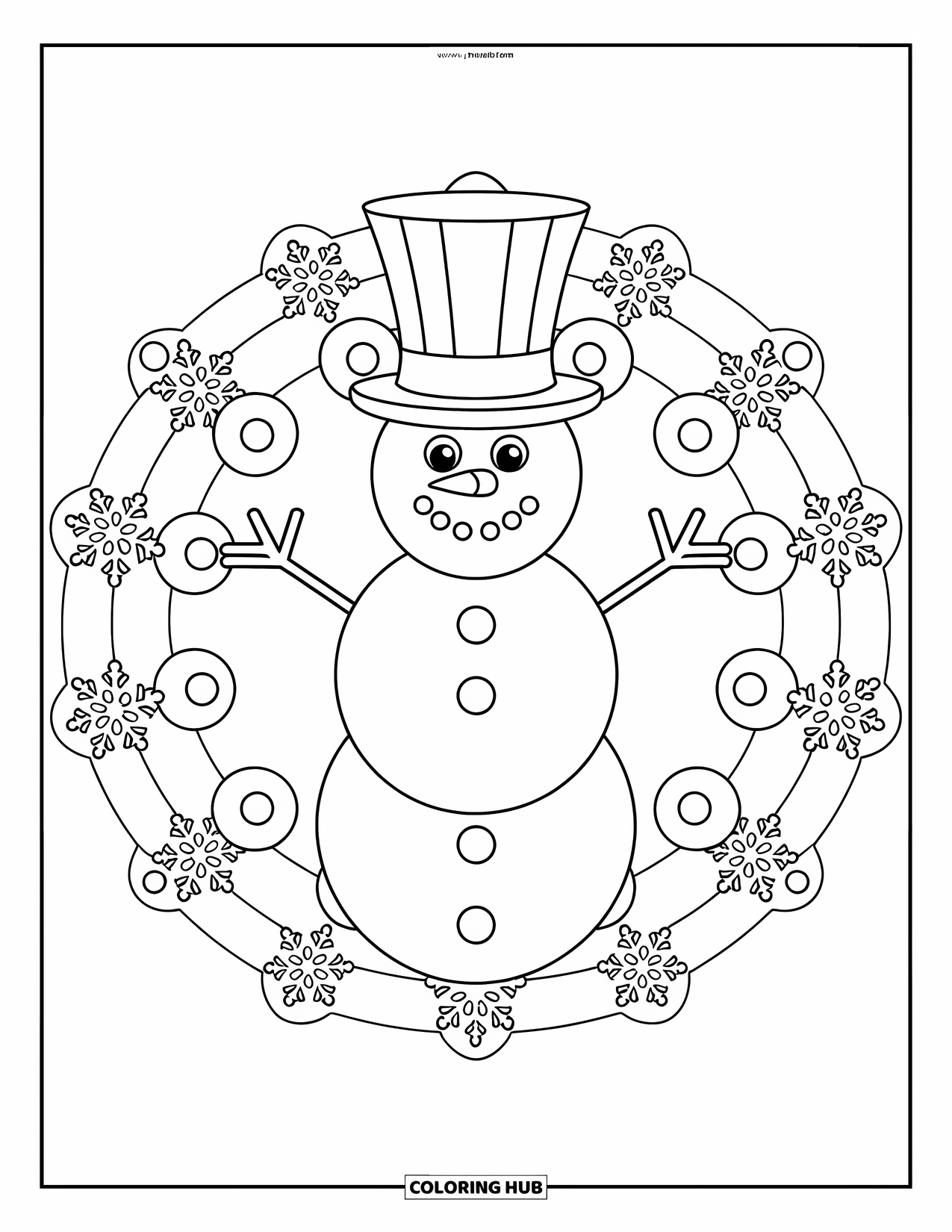 Christmas Mandala Coloring Page for Kids: A smiling snowman in a mandala of snowflakes and gentle patterns