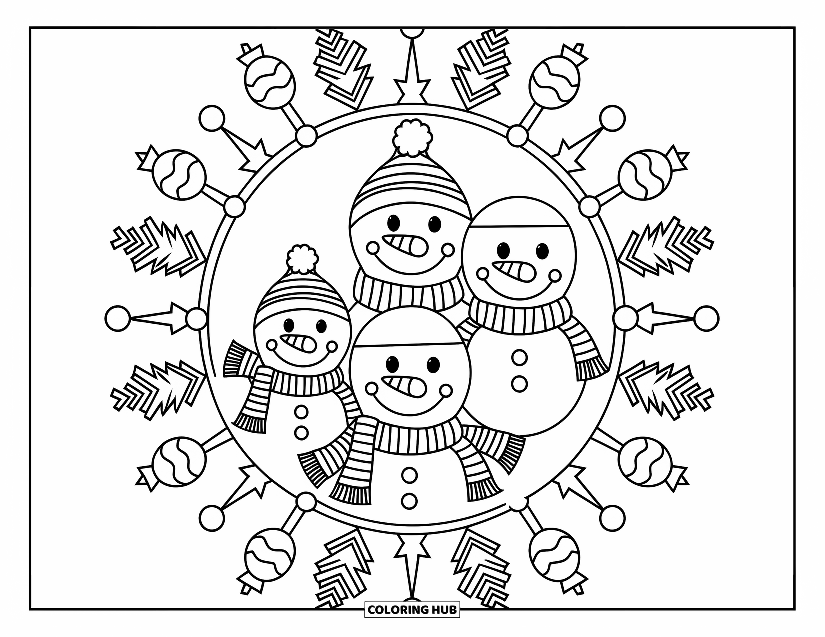 Christmas Mandala Coloring Page for Kids: A snowman family stands at the center of a mandala of trees and snowballs