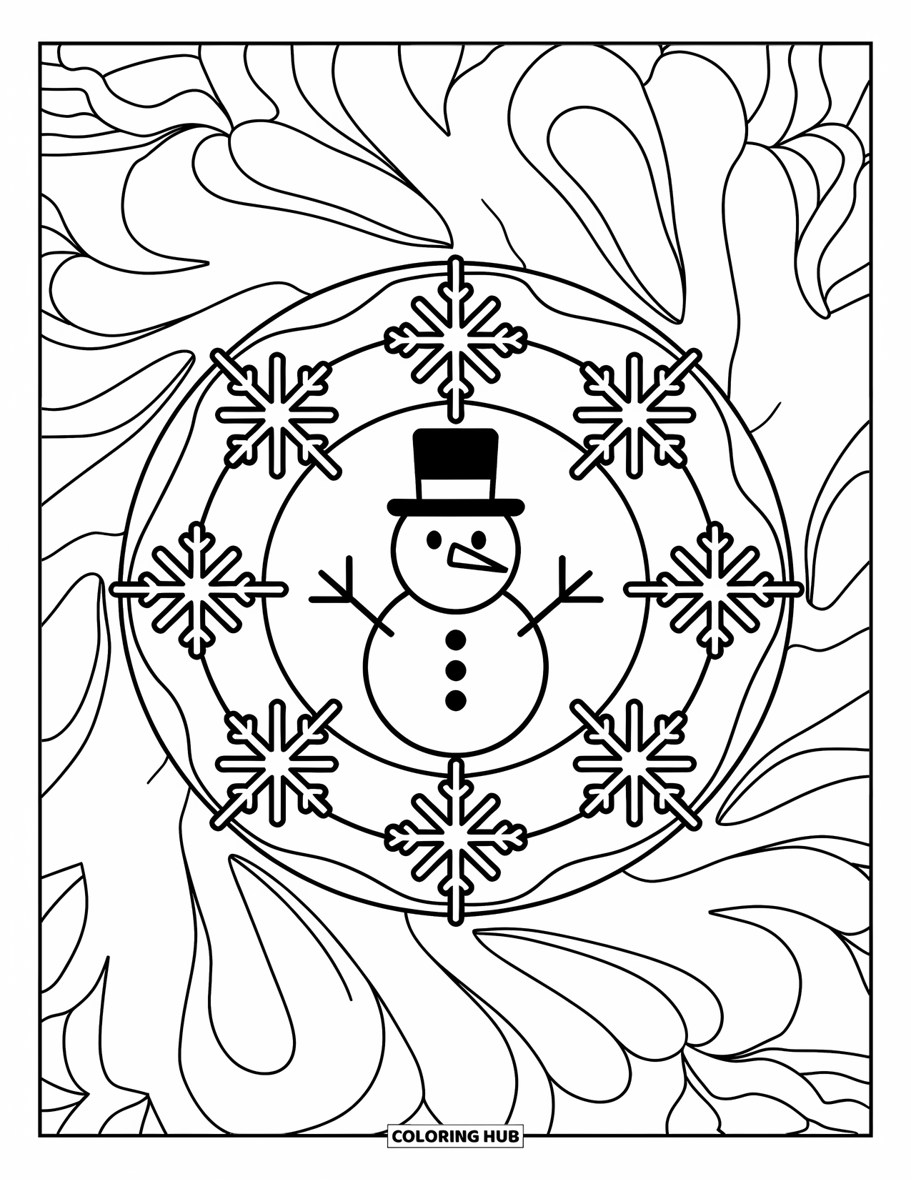 Christmas Mandala Coloring Page for Kids: A snowman surrounded by swirling snowflakes and curved festive lines
