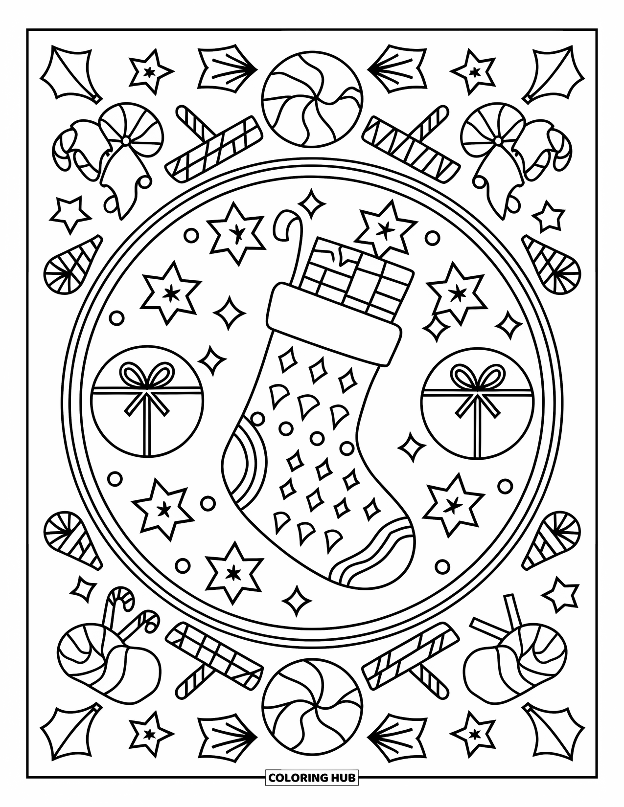 Christmas Mandala Coloring Page for Kids: A stocking and gifts surrounded by stars, candy, and festive bows